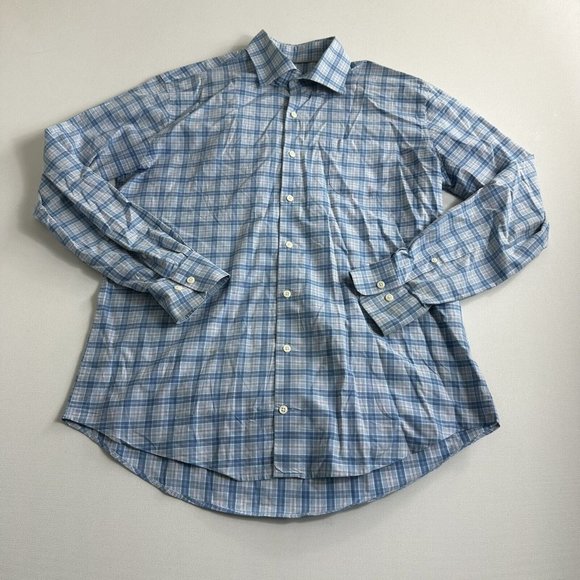Peter Millar Button Down Shirt Large Blue Plaid Performance Stretch‎ Cotton Mens - Picture 1 of 9